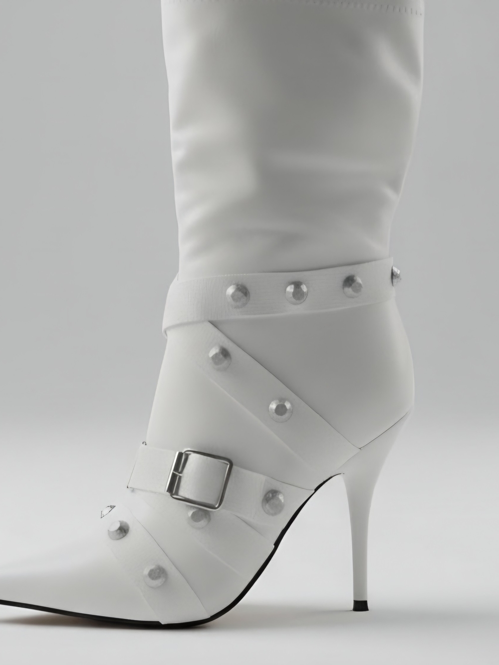 Studded White Stiletto Mid-Calf Boots with Buckle